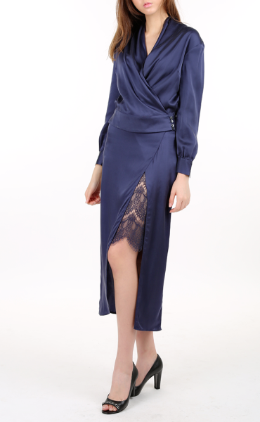 Italian Sandwashed Silk Wrap Blouse in Navy Blue