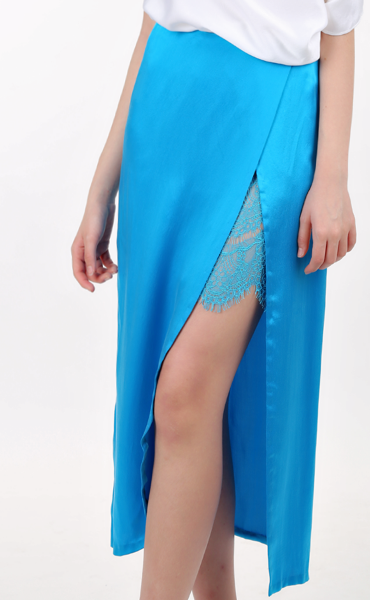 Lace-Lined Italian Sandwashed Silk Skirt in Cadet Blue
